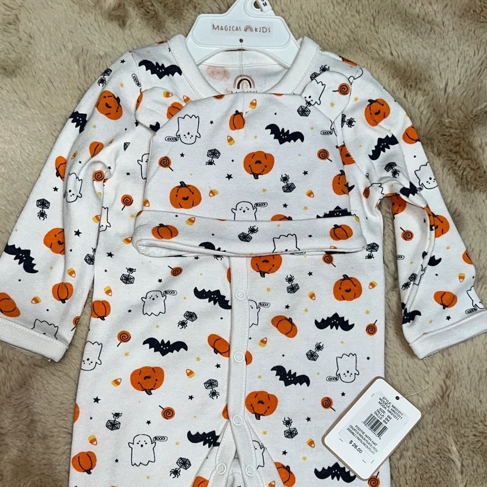 NEW Magical Kids Halloween Pumpkin & Ghost Print Baby Footie with Hat